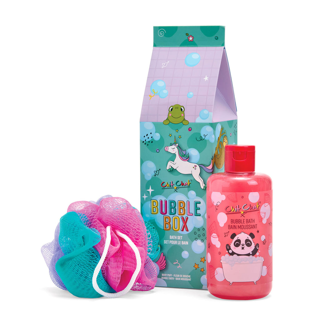 Bubble bath set with bottle of bubble bath, loofa, and carton on a white background