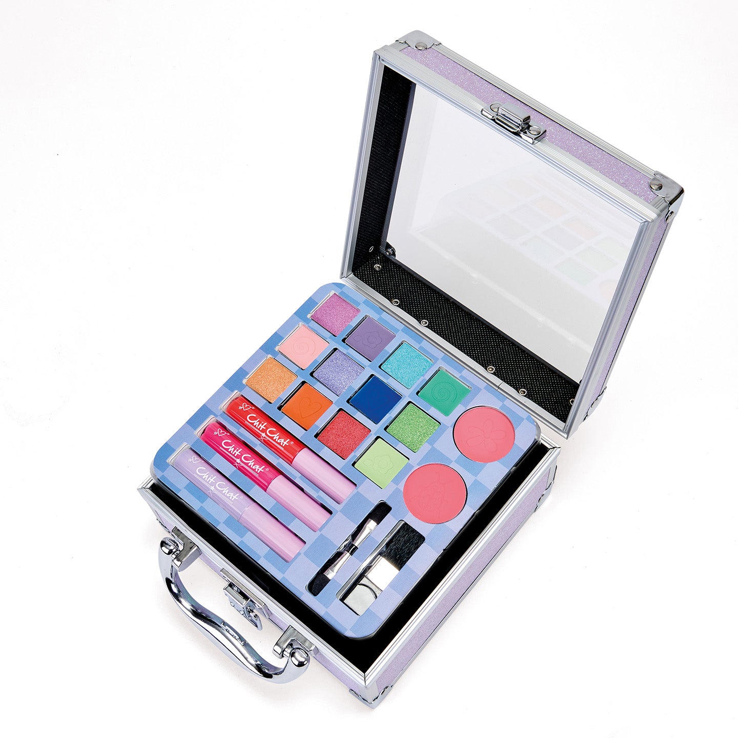 Makeup set with colourful palettes and applicators in a sparkly case on a white background