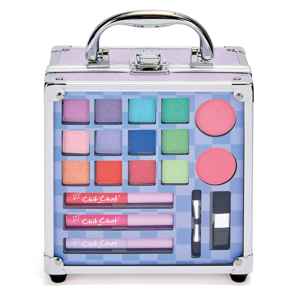 Children's makeup set in a checkered case with pastel colours on a white background