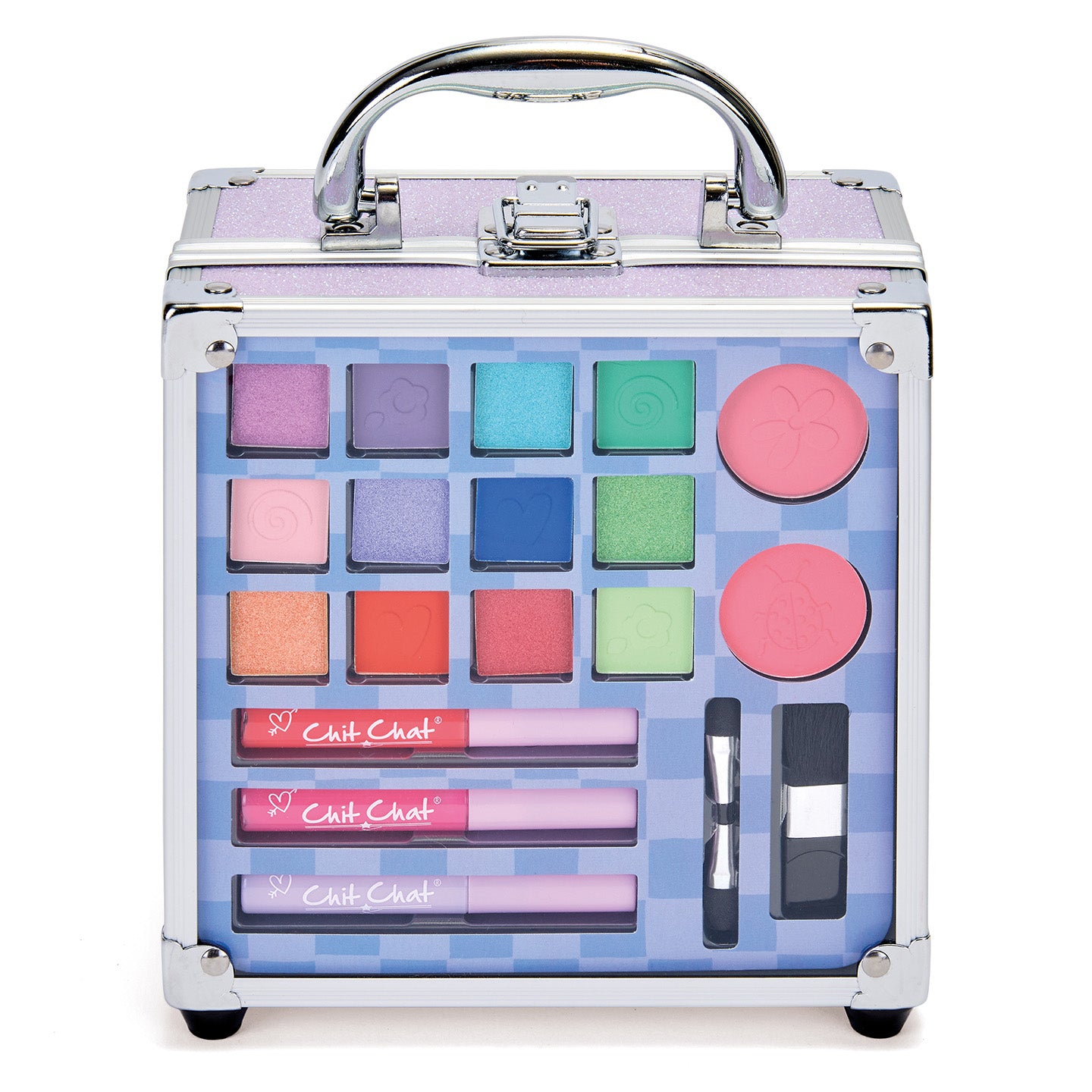 Children's makeup set in a checkered case with pastel colours on a white background