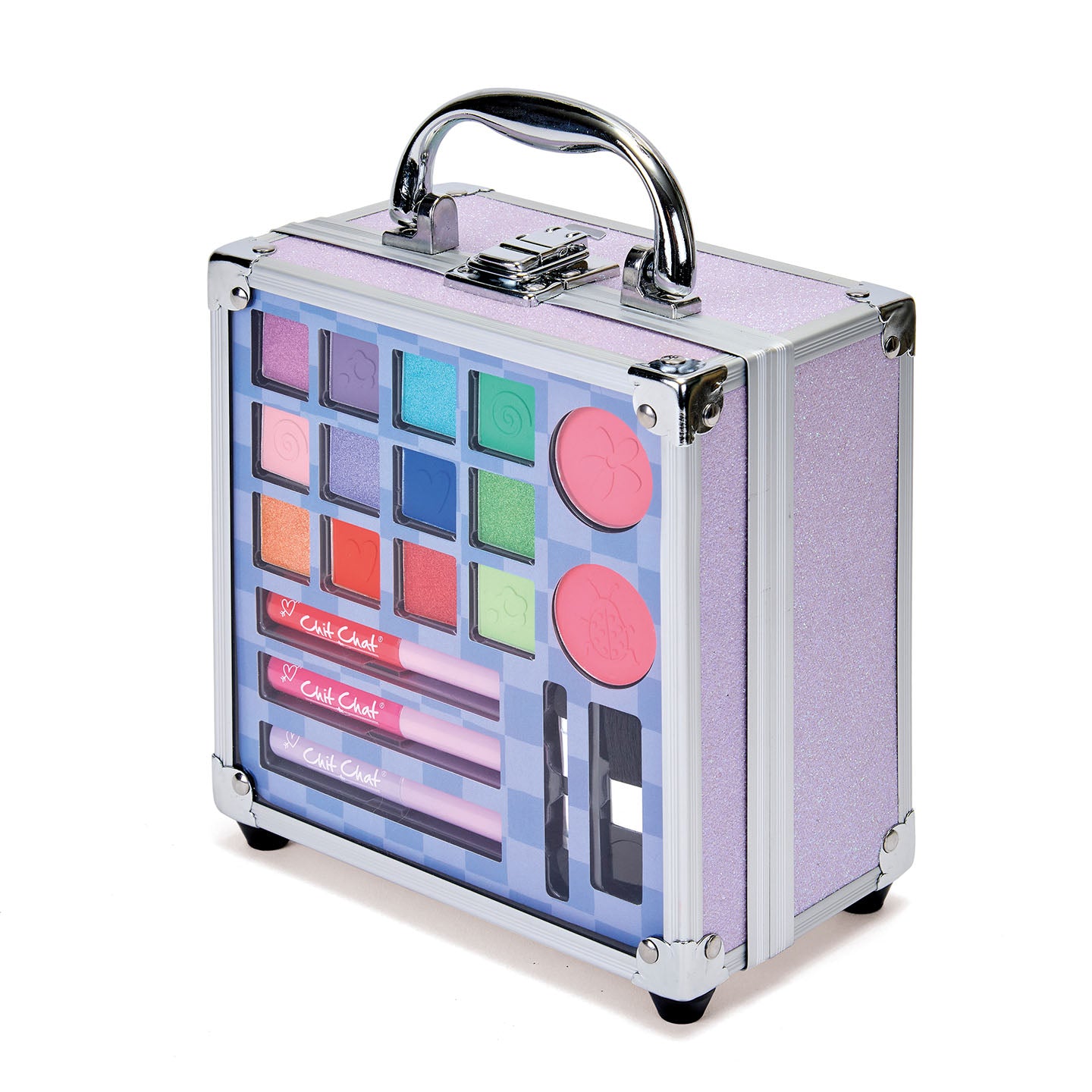 Makeup case with colourful products on a white background