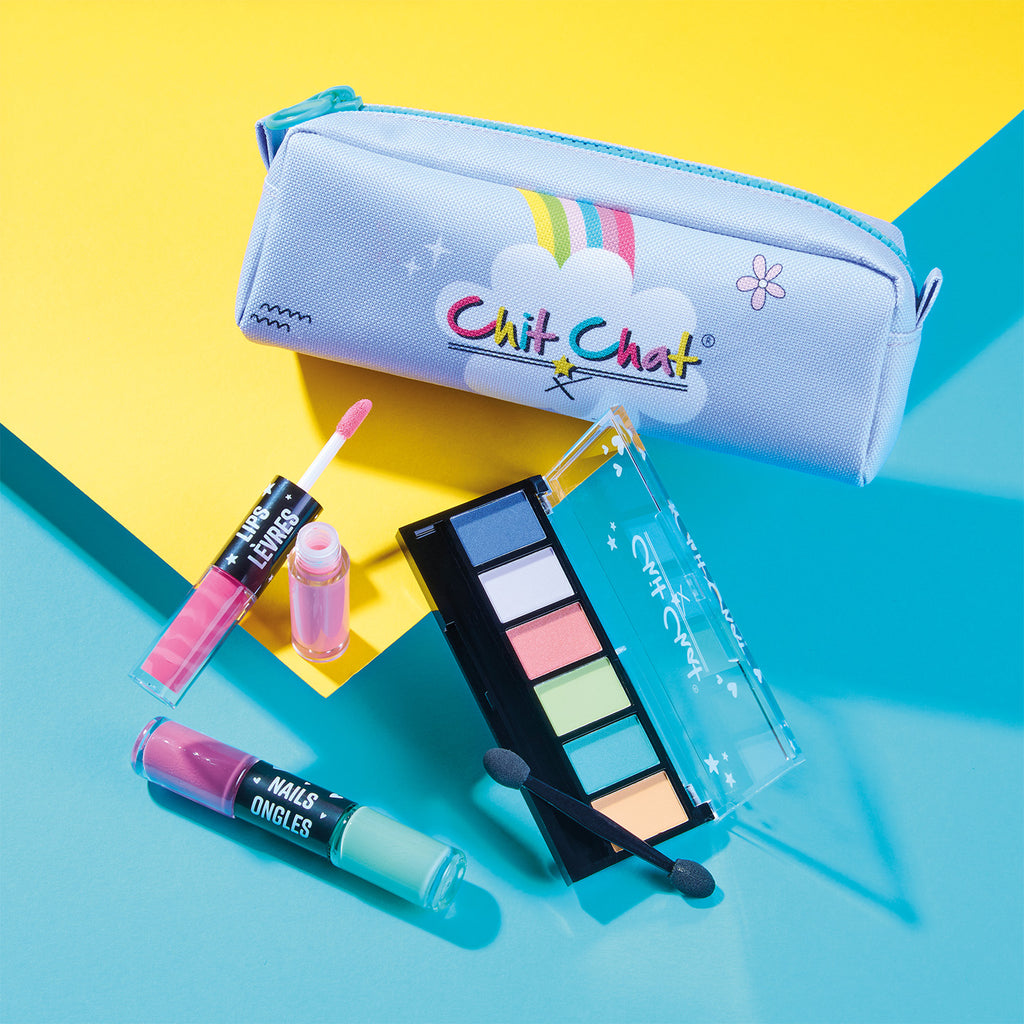 Makeup set with 'Chit Chat' pencil case on a colorful background