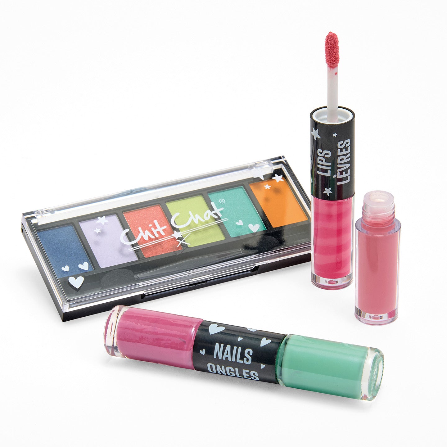 Makeup products including a lip gloss, nail polish, and eyeshadow palette on a white background