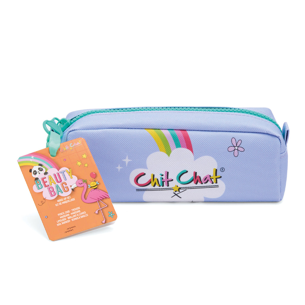 Light blue pencil case with rainbow design and 'Chit Chat' branding, featuring a colourful label.