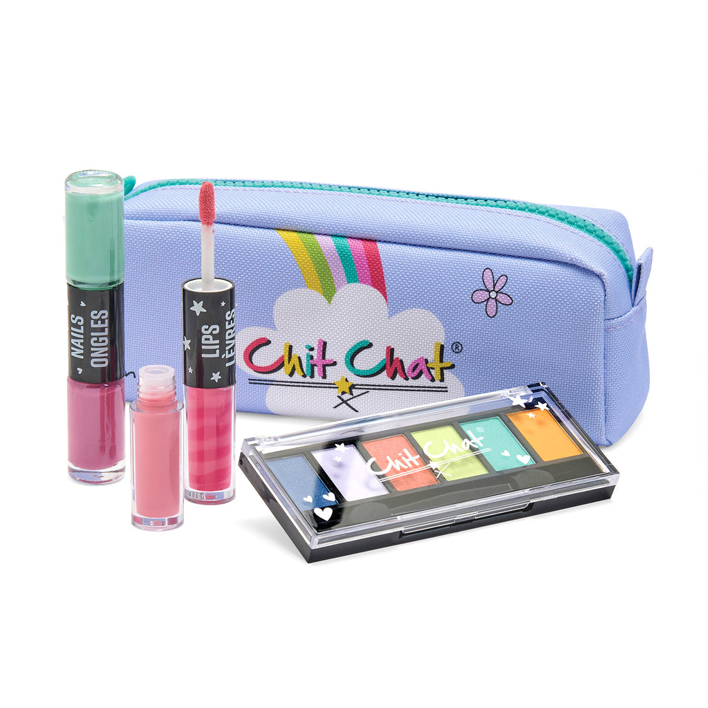 Makeup set in pencil case with 'Chit Chat' branding on a white background