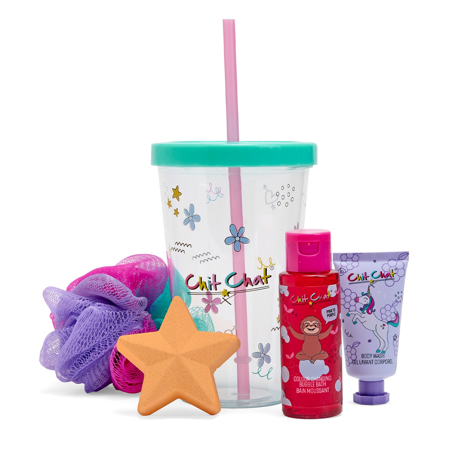 Children's bath product set with a tumbler, loofah, star-shaped bath fizzer, and soap bottles on a white background.