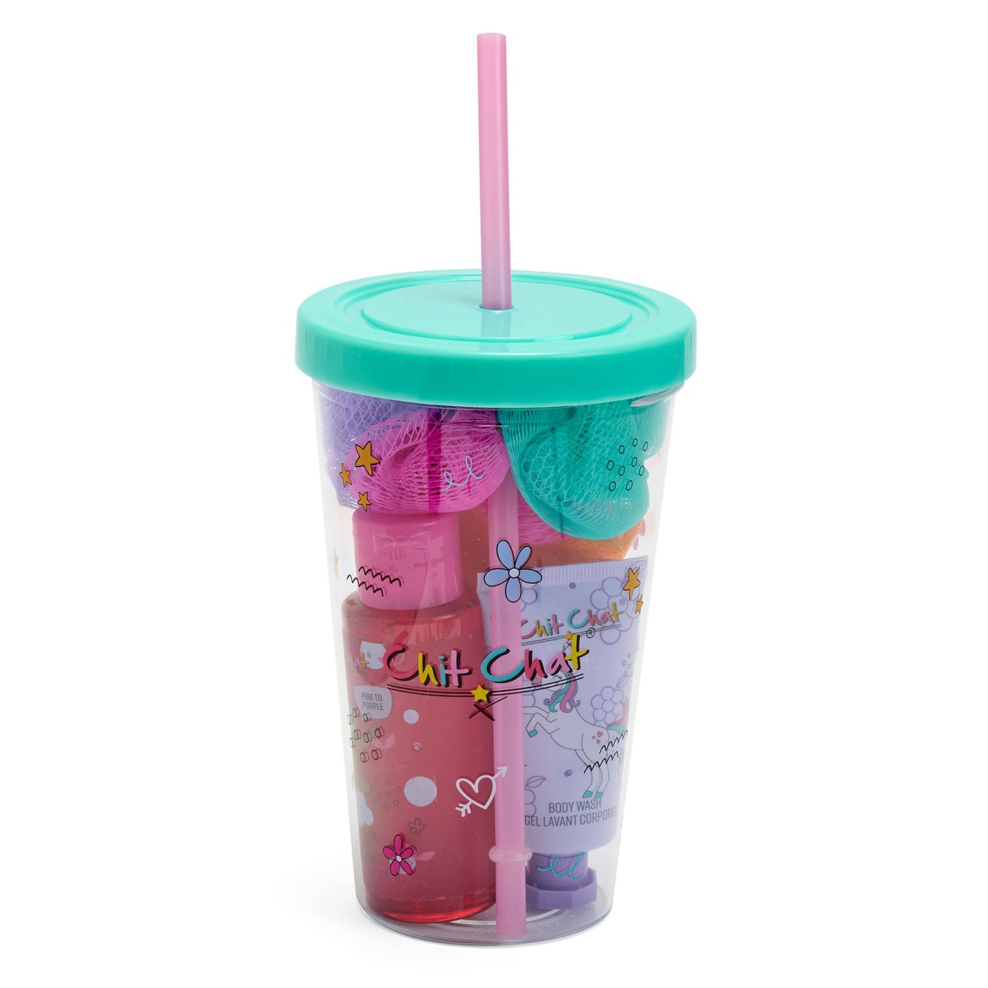 Colourful tumbler with a straw and decorative elements, with bath products inside, on a white background