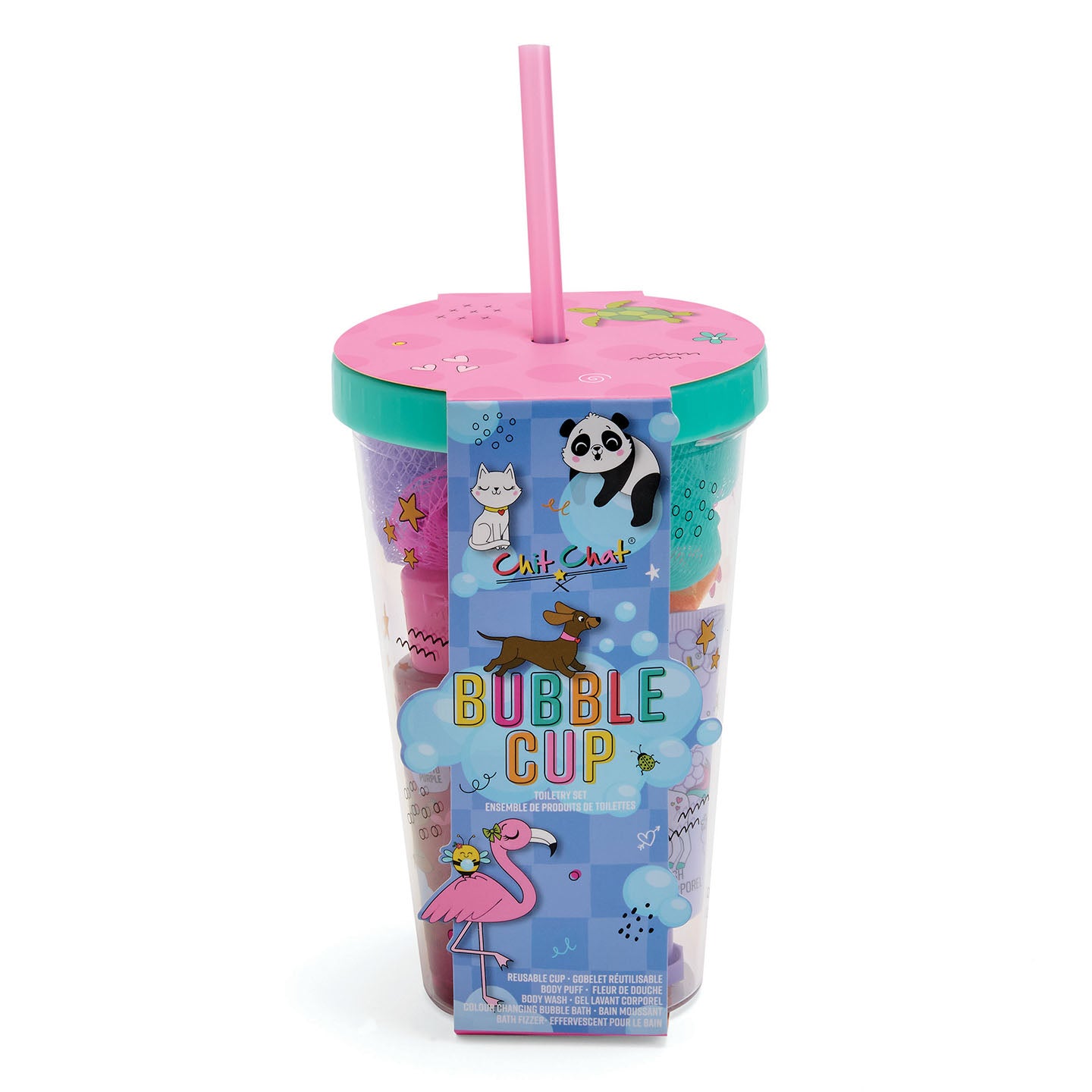 Bubble cup with pink lid and straw, featuring cartoon characters on a white background