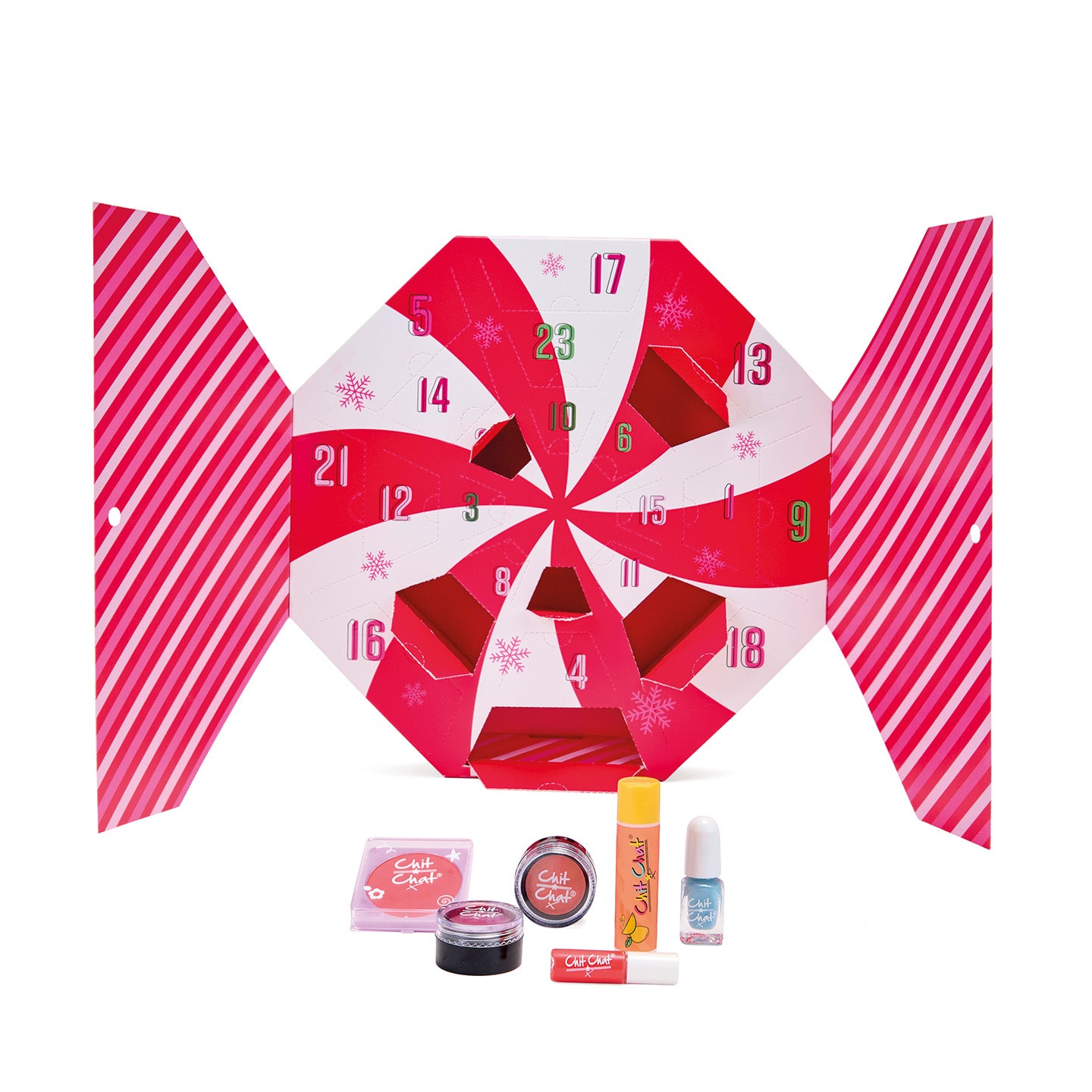Advent calendar with pink and white design, surrounded by small beauty products on a white background
