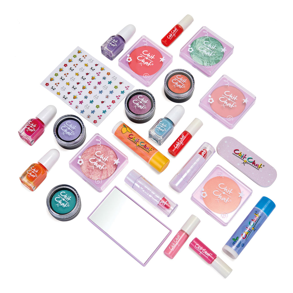 Collection of colourful makeup products and accessories on a white background