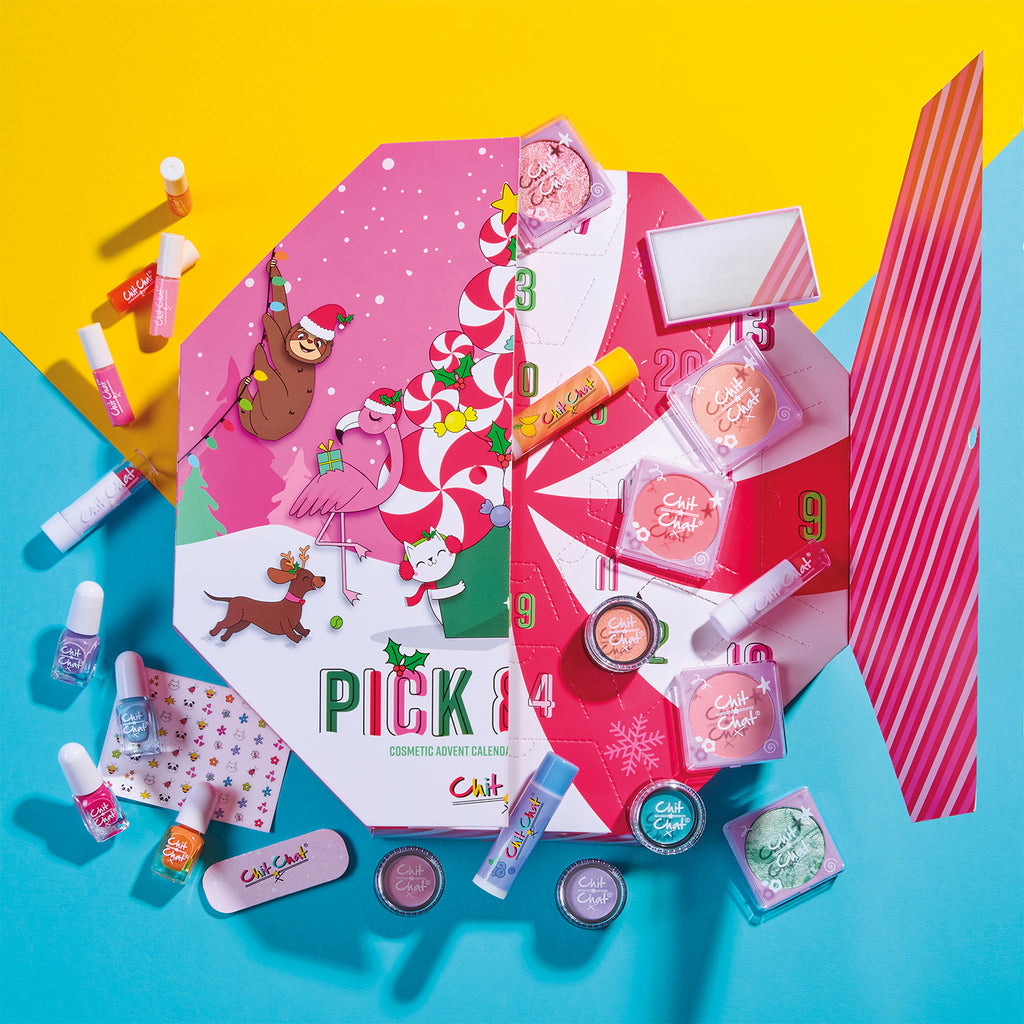 Makeup advent calendar with various products on a colourful background