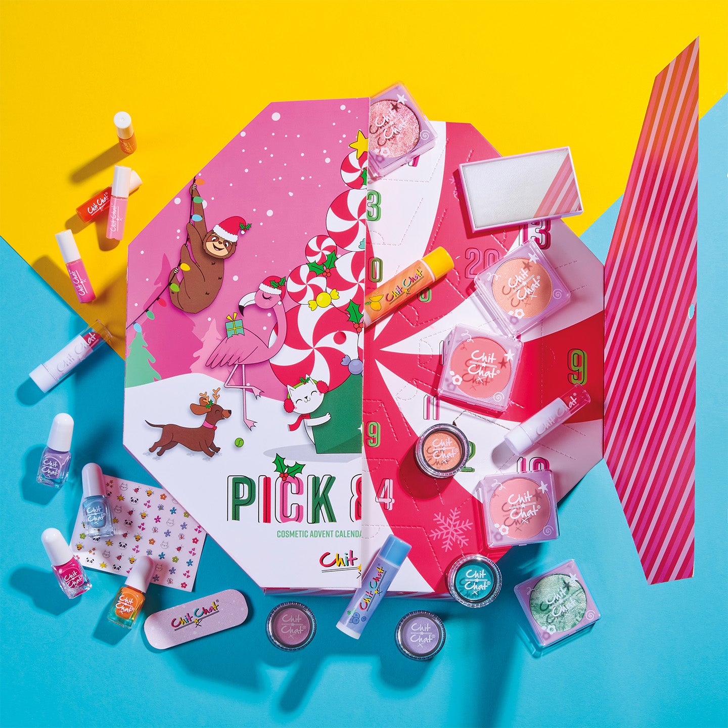 Makeup advent calendar with various products on a colourful background