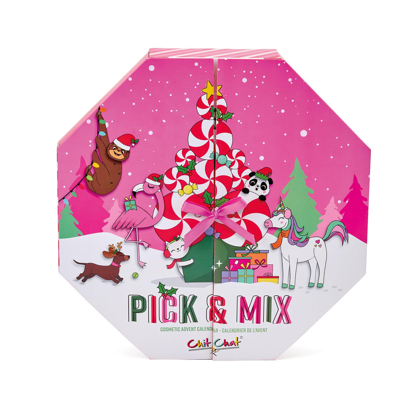 Hexagonal advent calendar with Christmas-themed design featuring animals and a candy cane tree, branded 'Chic Chat'.