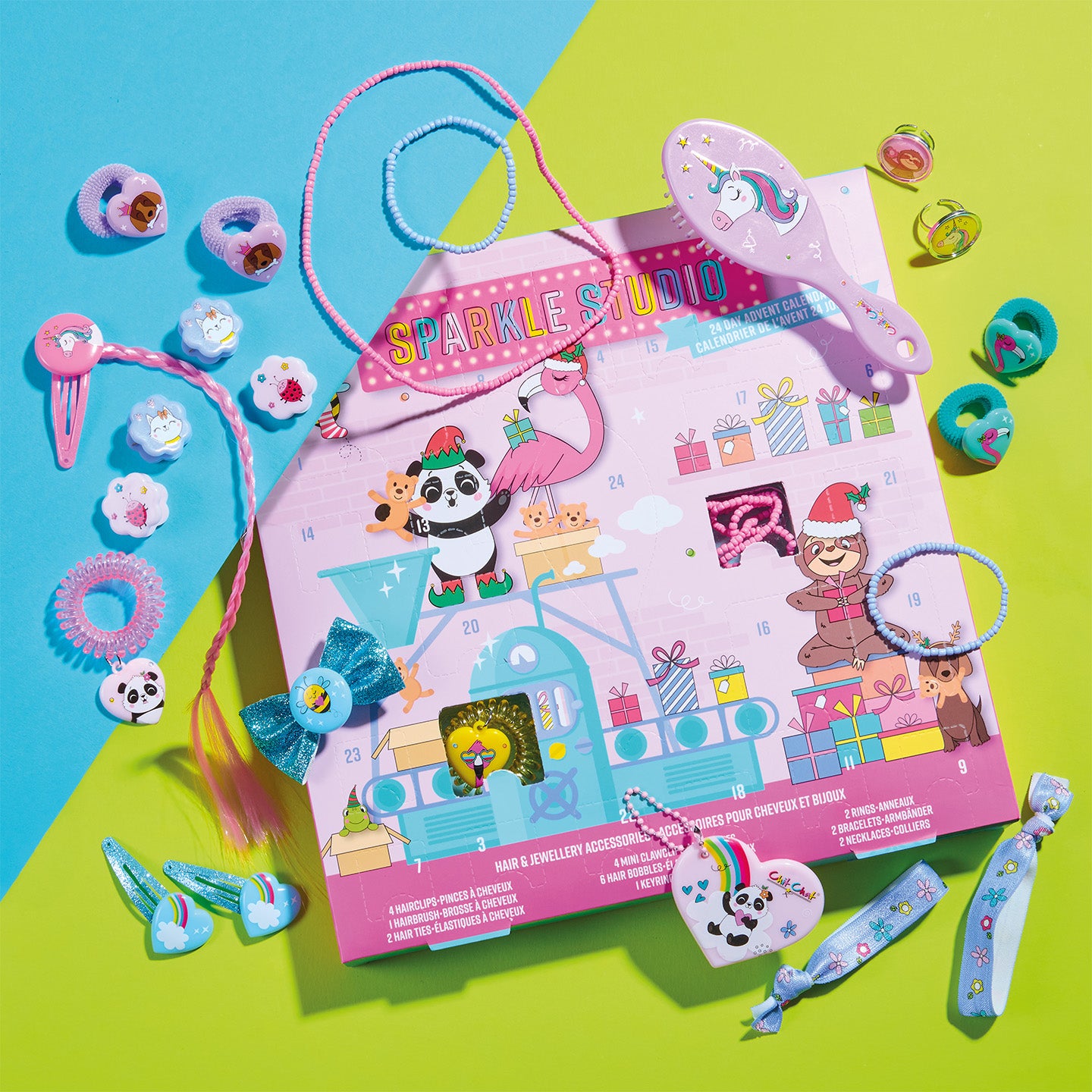 Sparkle Studio hair and jewelry accessories set on a colorful background